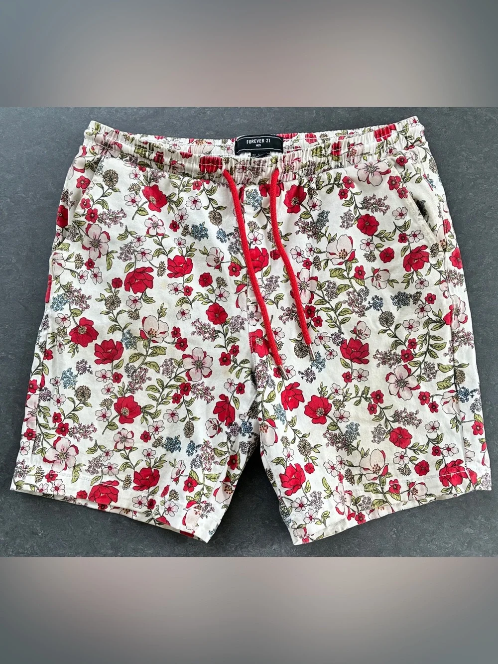 Forever 21 White Floral Drawstring Shorts - Red Floral Print - Small